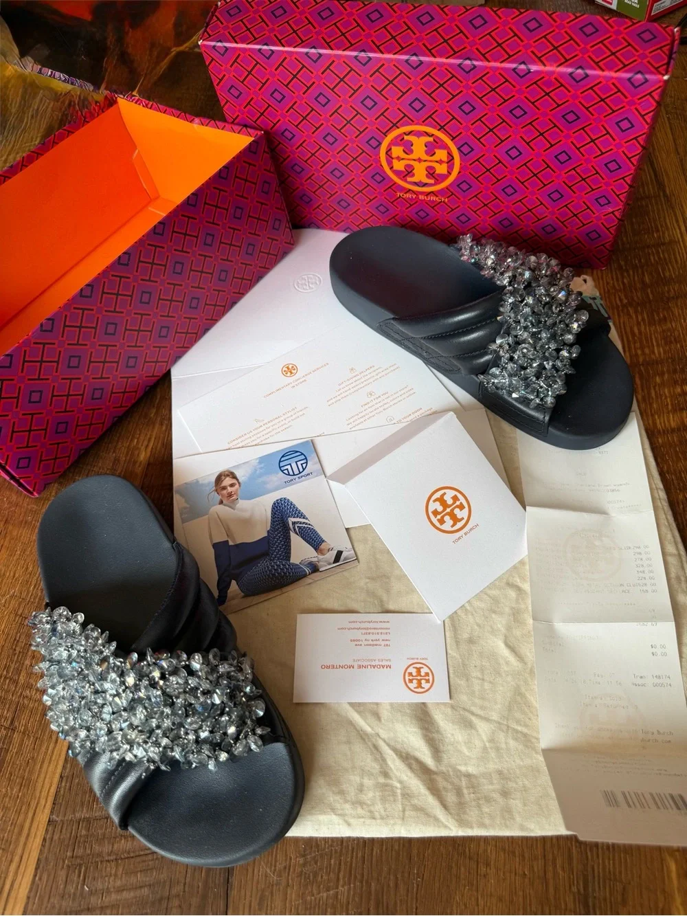 Tory Burch Crystal-Embellished Slide Sandals Sz8 - Blue